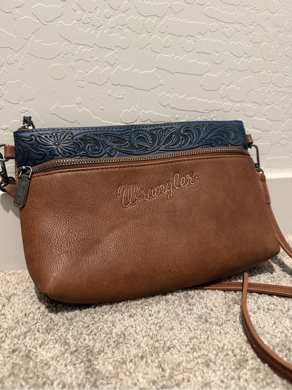 Wrangler Brown and Navy Embossed Leather Crossbody